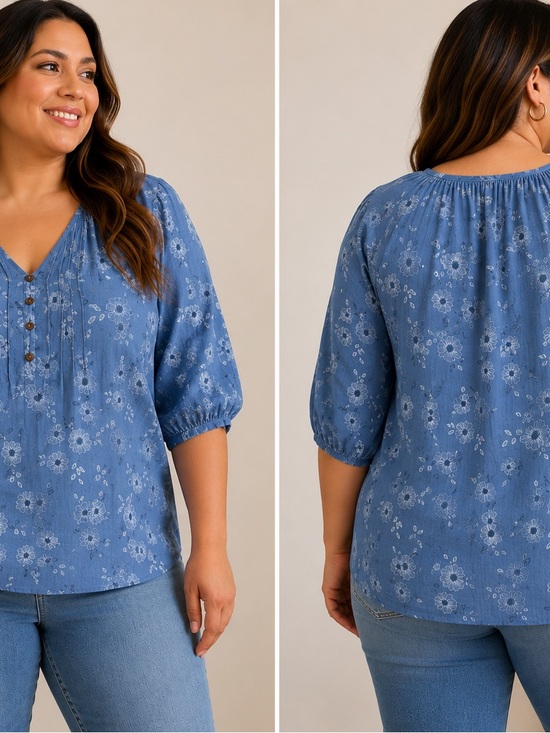 Siren Lily Tops - Siren Lily 2X Blue Floral Boho Peasant Blouse 3/4 Sleeve Flowy Top